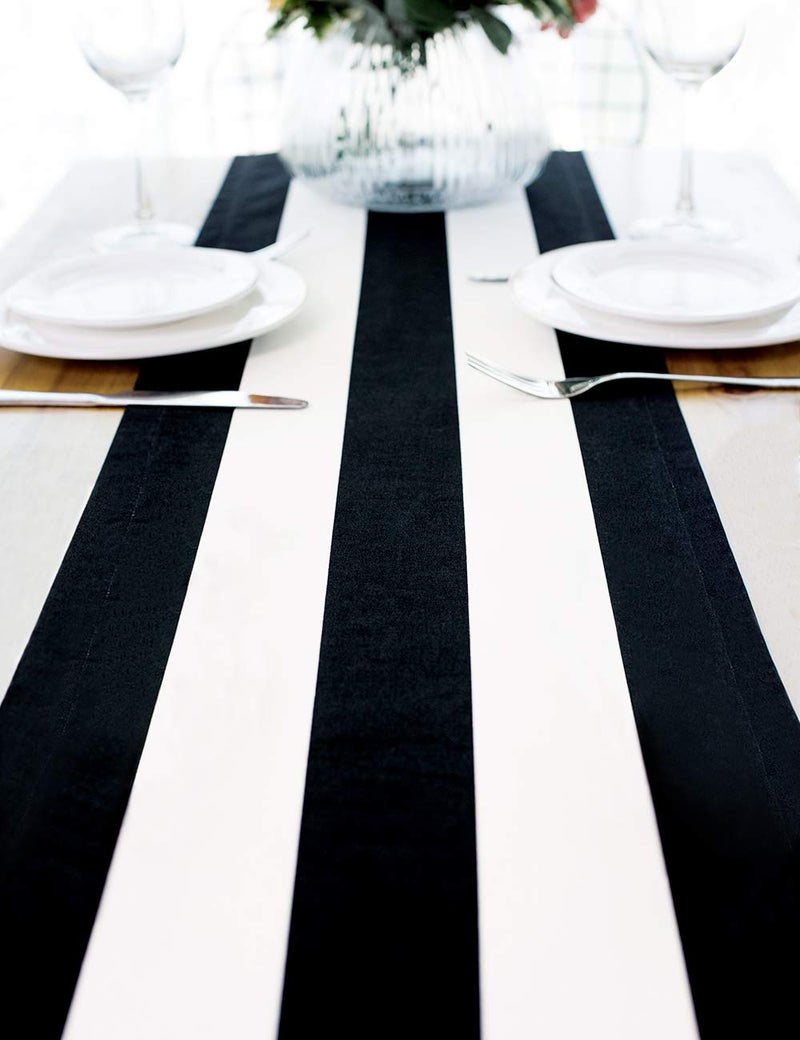 Letjolt Black and White Striped Table Runner for Kitchen Decor Black Stripe Tabletop Collection Cotton Canvas Table Runner 108 Inches Beetlejuice Party Decor - Image 1